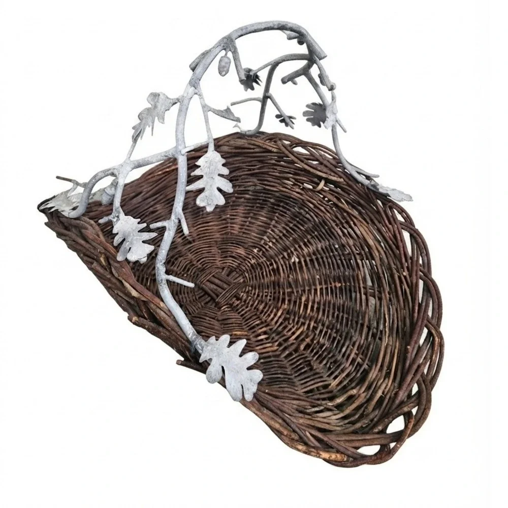 Woven Grapevine Wicker Harvest Basket Large Brown Metal Oak Branch Handle 29in